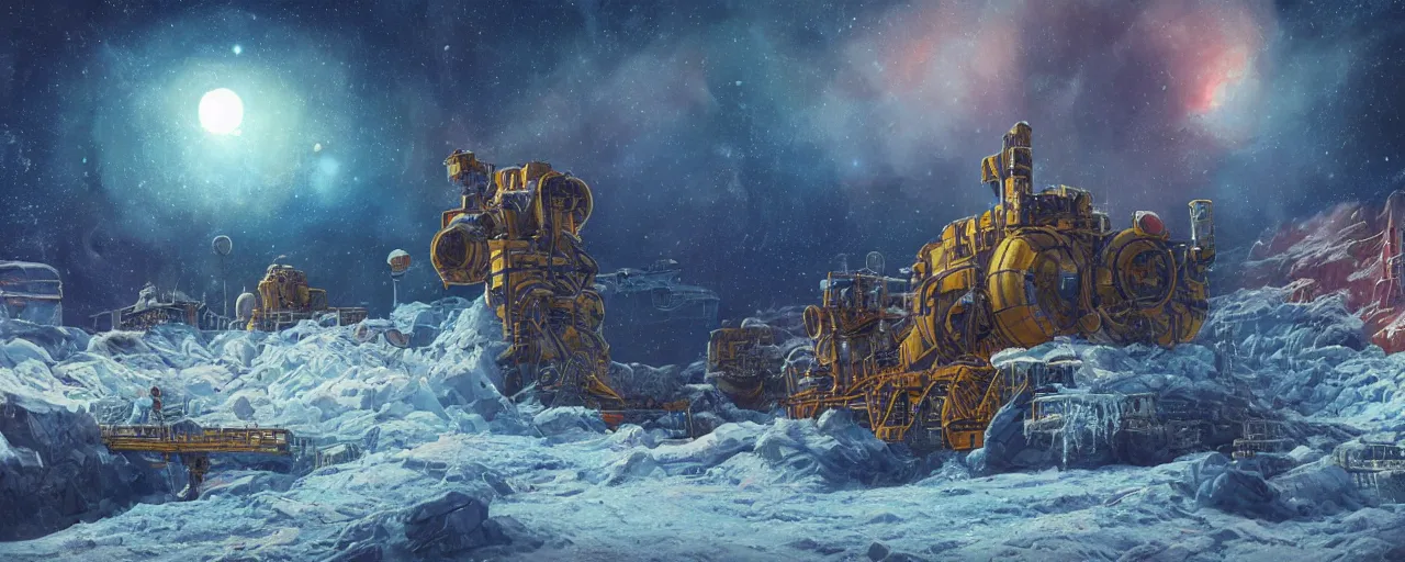 Image similar to outer planet covered with ice, steam shovel mining, art by paul lehr, cinematic, detailed, epic, widescreen, opening, establishing, matte painting, photorealistic, realistic textures, octane render