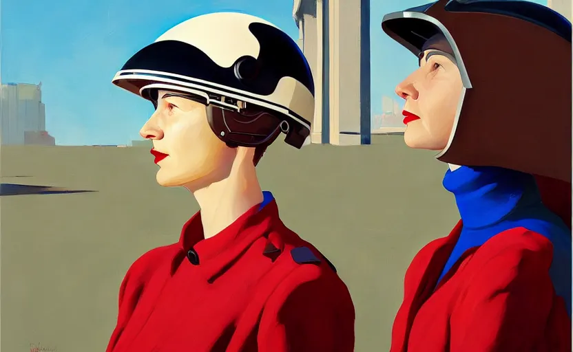 Image similar to Portrait of a woman engineer with helmet, very coherent, painted by Edward Hopper, painted by James Gilleard, airbrush, art by JamesJean