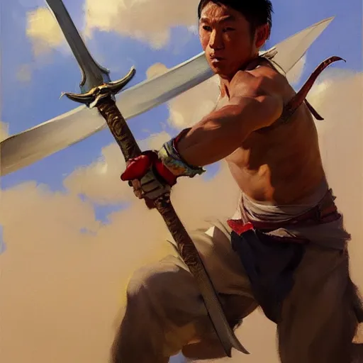 Image similar to greg manchess portrait of a filipino fighter dropping his sword, organic painting, sunny day, matte painting, bold shapes, hard edges, street art, trending on artstation, by huang guangjian, gil elvgren, ruan jia, randy vargas, greg rutkowski