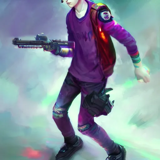 Image similar to colorful and festive captivating teenager boy with straight purple hair, purple eyes with red eye markers, slim body, wearing combat clothes. rich vivid colors, ambient lighting, dynamic lighting, 4 k, atmospheric lighting, painted, intricate, highly detailed by charlie bowater