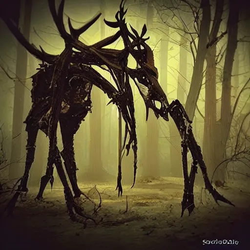 Image similar to “ wendigo outside a mcdonald ’ s, hd hyperdetailed, cryptid post - apocalyptic biopunk ”