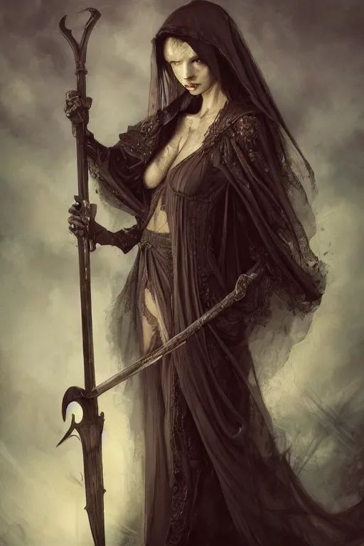 Prompt: breathtaking detailed soft painting of a sensual grim reaper in gauze dress with a big scythe, with long hair and piercing eyes, in an intricate medieval stained glass, rembrandt style, elegant, highly detailed, artstation, concept art, matte, sharp focus, art by tom bagshaw, luis royo and greg rutkowski