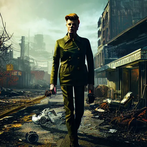 Image similar to fallout 4, charismatic david bowie, portrait, outdoors ruined cityscape, atmospheric lighting, painted, intricate, volumetric lighting, beautiful, daytime, sunny weather, slight overcast, sharp focus, deep colours, ultra detailed, by leesha hannigan, ross tran, thierry doizon, kai carpenter, ignacio fernandez rios