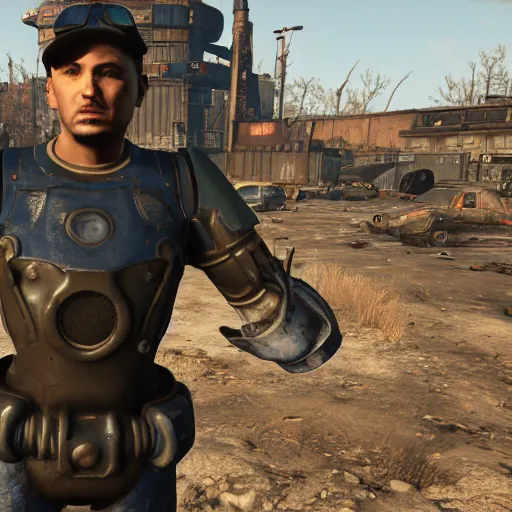 Image similar to in-game footage of Tim Pool in T-51 power armor in Fallout 4