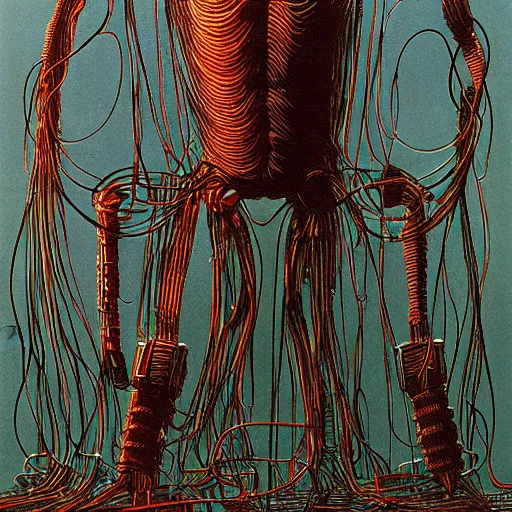 Prompt: a cyborg with many wires and cables Bursting out of them uncontrollably by Zdzisław Beksiński and syd mead