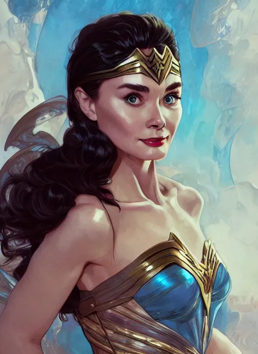 Image similar to Audrey Hepburn as wonder woman, fantasy, intricate, elegant, highly detailed, digital painting, artstation, concept art, smooth, sharp focus, illustration, art by artgerm and greg rutkowski and alphonse mucha