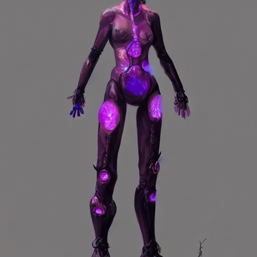 Image similar to character design sketch humanoid by ahmet atil akar, concept art character, cyberpunk fashion, with body made of purple lava and fire, marvelous designer, fantasy, painted, 4 k, high detail, sharp focus, trending in artstation