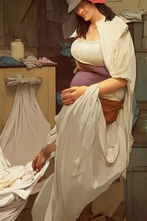 Prompt: portrait of rural pregnant woman doing laundry, digital painting, artstation, concept art, smooth, sharp focus, illustration, art by artgerm and greg rutkowski and alphonse mucha