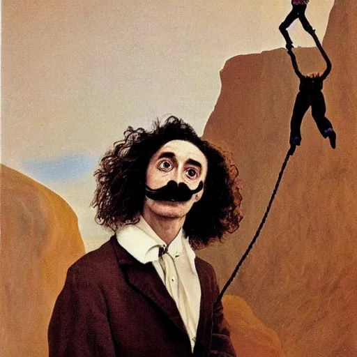 Image similar to Adam Ondra, portrait, long mustache, mustache is climbing rope, by Dali, style of salvador dali self-portrait