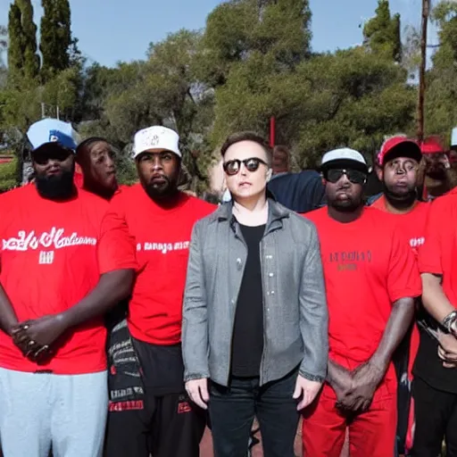 Image similar to elon musk hangs out with the bloods and crips, holding guns, team photo with the boys