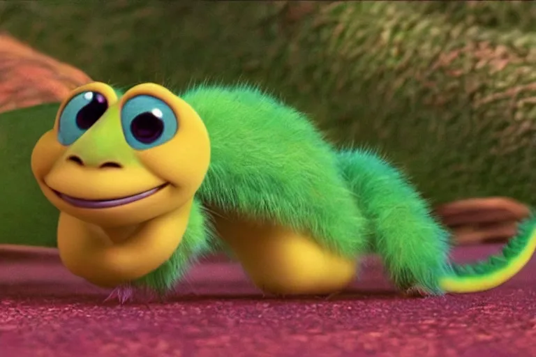 Image similar to disney pixar's a bug's life, cgi caterpillar colorful, furry caterpillar