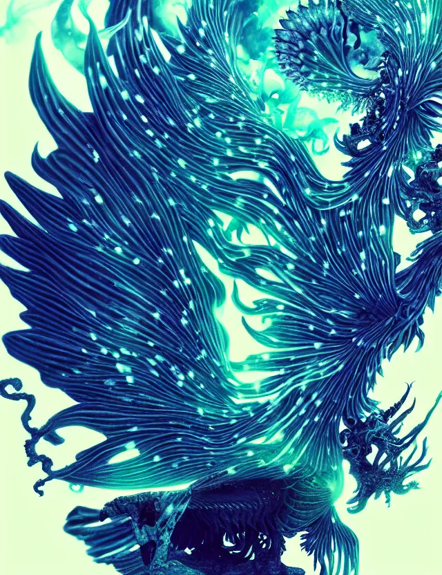 Image similar to witch phoenix macro close - up portrait with crown made of ram skull. phoenix, betta fish, jellyfish, bioluminiscent, plasma, ice, water, wind, creature, super intricate ornaments artwork by tooth wu and wlop and beeple and greg rutkowski