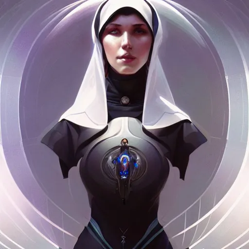 Image similar to futuristic nun, sci-fi, fantasy, intricate, elegant, highly detailed, digital painting, artstation, concept art, smooth, sharp focus, illustration, art by artgerm and greg rutkowski and alphonse mucha