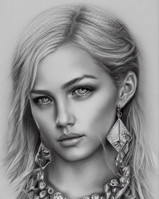 Image similar to pencil drawing of a beautiful greek goddess aphrodite with arrowhead jewelry, beautiful piercing eyes, beautiful blonde hair, hyper realistic face, in the style of greg rutkowski, fantasy, amazing detail, epic, elegant, smooth, sharp focus, from the front