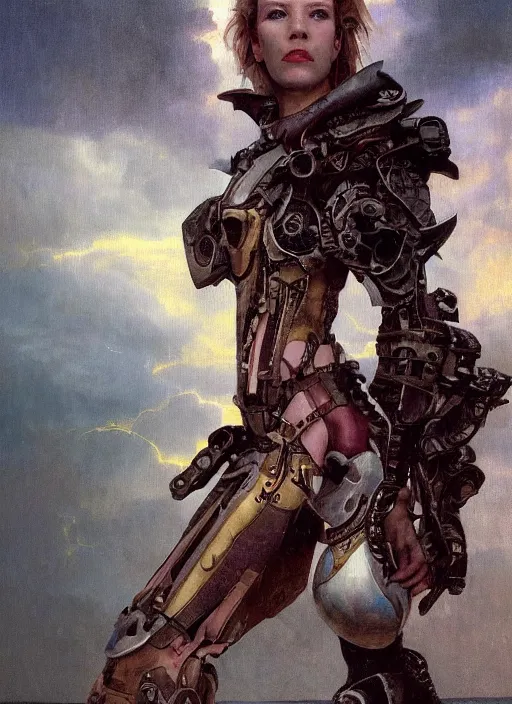 Prompt: dynamic over the shoulder pose! symmetry! closeup portrait of a biblical diabolical pirate hunter girl, stylish cyborg armor, in clouds, strong studio lights, thunder, rain! storm, sunset, by gerald brom, by mikhail vrubel, by peter elson, high contrast, muted colors, extreme detail, mirrors, trending on artstation, 8 k