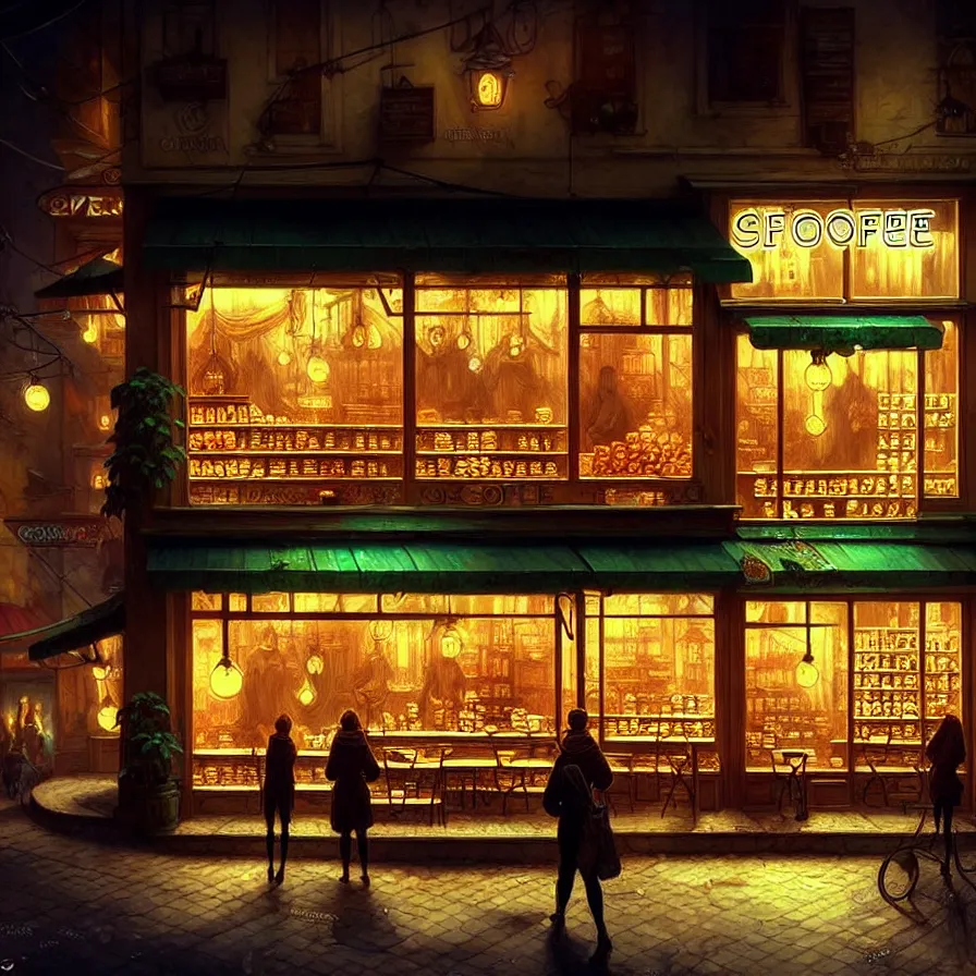 Image similar to a coffee shop store in The City of Ukraine at night with a few customers, extreme plus resolution fantasy concept art, intricate details to everything visible, sharp lighting, Dramatic light by denis villeneuve, strong emphasis on alphonse mucha, Makoto Shinkai