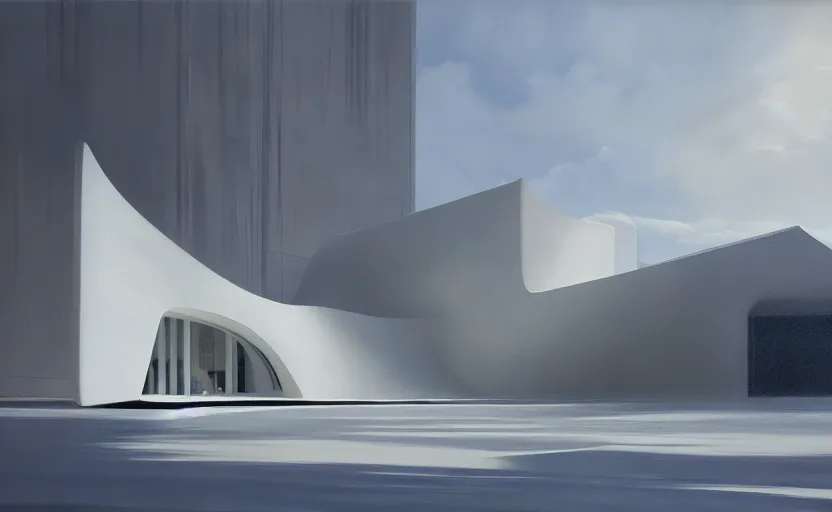 Image similar to painting of a wide angle exterior shot of a white architecture designed by zaha hadid and peter zumthor, darek zabrocki, greg ruthkowski, cinematic and blue cold atmospheric, archviz, archdaily, deezen, concept art, artstation, trending on artstation