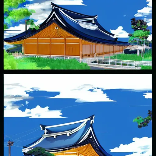 Image similar to a Japanese house and a blue sky with clouds in anime style, in the style of Lampbo Chun on ArtStation and Son Rice on ArtStation, 4k,