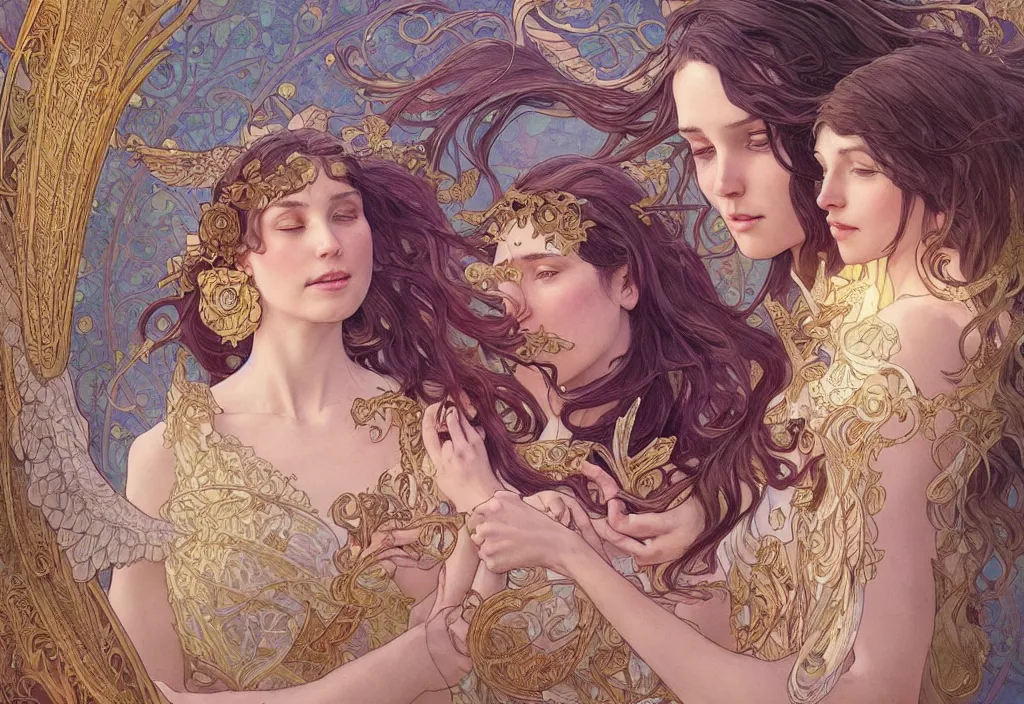 Image similar to a couple with wings, highly detailed, very intricate, art nouveau, gold filigree, romantic storybook fantasy, soft cinematic lighting, award - winning, disney concept art watercolor illustration by mandy jurgens and alphonse mucha and alena aenami, pastel color palette, featured on artstation