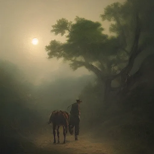 Prompt: “a boy riding on the back of a mule being lead through the scary woods by an old man, oil painting, night, atmospherics, volumetric, fog, detailed”