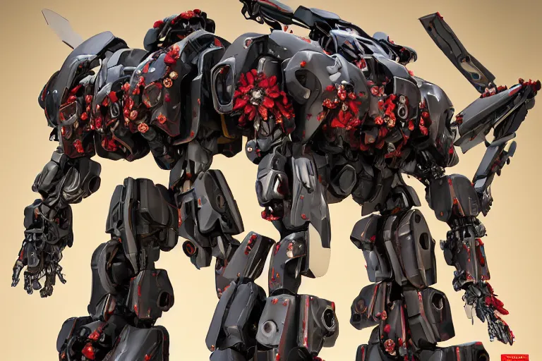 Image similar to combat mecha whose top half is a flower with petals being robotic limbs detailed floral inlay, sci - fi weaponry, hyperdetailed, bandai box art, behance hd artstation, realistic, plastic shaded