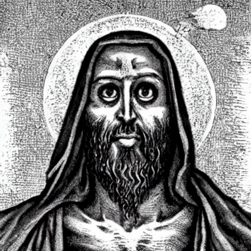 Image similar to jesus christ the occult leader, demented, horror, creepy, terror, close up,