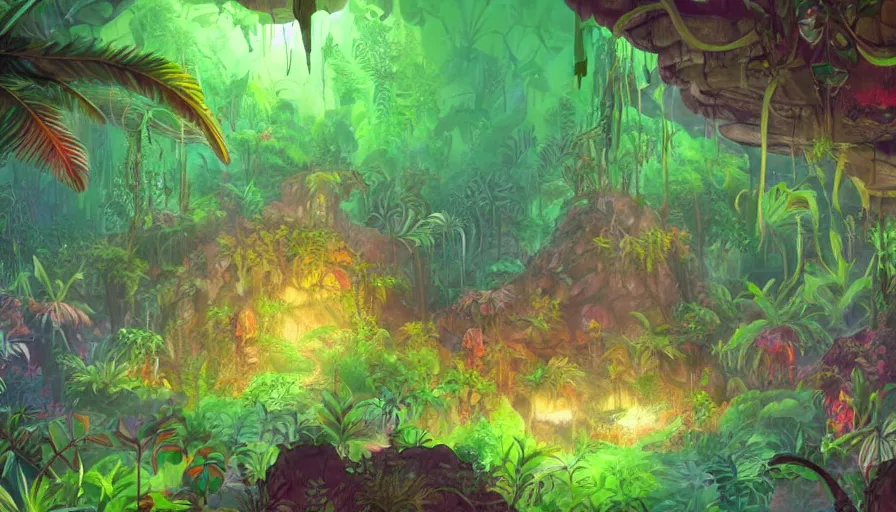 Image similar to concept art of underground jungle cave with luminescent plants, colorful, high detailed