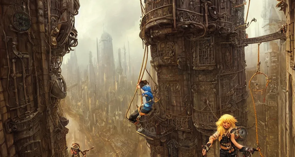 Image similar to landscape painting of a blonde boy thief in leathers using a rope to climb a tall metal steampunk buildings within a fantasy city with bridges, fine details, andreas rocha, magali villeneuve, artgerm, rutkowski