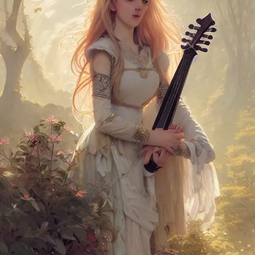 Image similar to elf fairy blond with a beautiful face, holding a lute, wearing a cardigan, highly detailed, intricate, digital painting, artstation, sharp focus, illustration, art by jakub rozalski, greg rutkowski, artgerm, tan zi and ayanamikodon and alphonse mucha and wlop