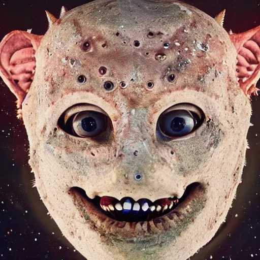 Image similar to a sentient alien from a newly discovered planet. angular jaw, open mouth, large canine teeth and it's throat is covered in spiny hairs, it's smooth bioluminescent skin is splattered by brown freckles on its cheeks, middle aged, hunter gatherer, portrait photograph, beautiful, poster, hyperrealistic