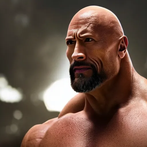 Prompt: a still portrait dwayne johnson with a beard as a bald incredible hulk, cinematic, shallow depth of field