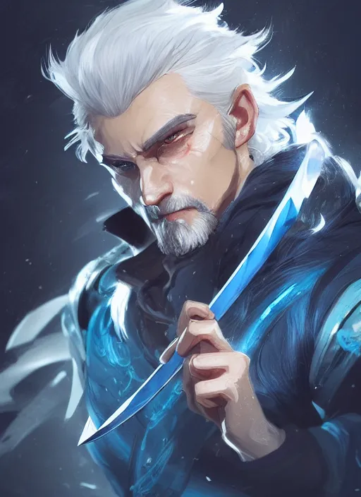 Prompt: a highly detailed illustration of young short slick back white haired man wearing dark blue coat, bright blue eyes, dramatic wielding katana pose, intricate, elegant, highly detailed, centered, digital painting, artstation, concept art, smooth, sharp focus, league of legends concept art, wlop