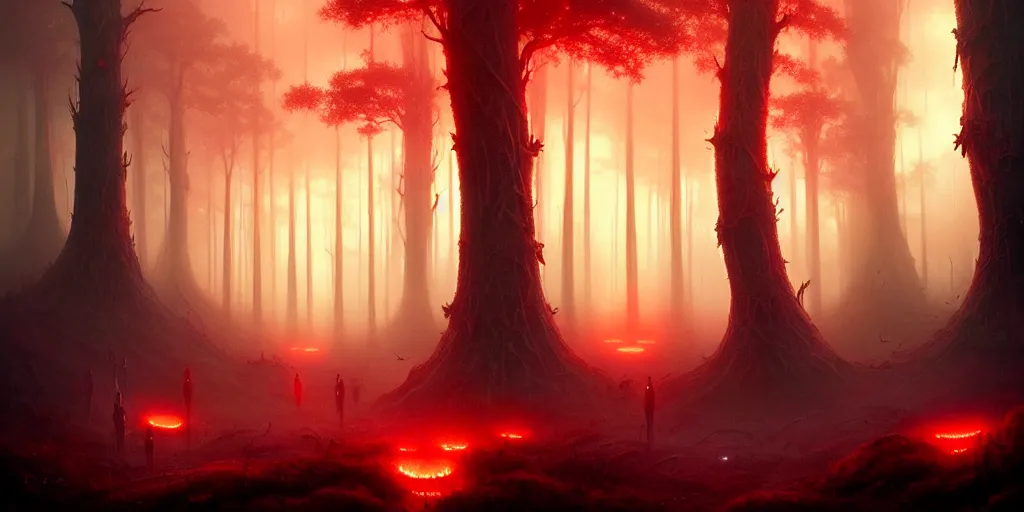 Image similar to strange alien forest, glowing fungus, misty, red glowing horizon, fireflies, ultra high definition, ultra detailed, symmetry, sci - fi, dark fantasy, by greg rutkowski and ross tran