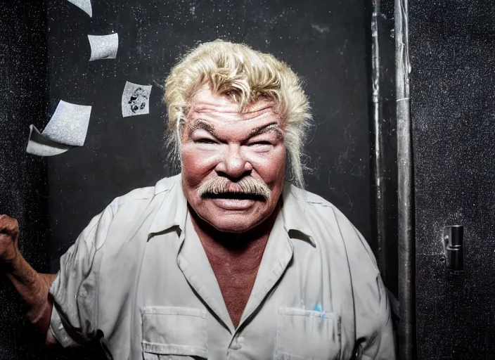 Prompt: photo still of rip taylor in a jail cell!!!!!!!! at age 5 4 years old 5 4 years of age!!!!!!! throwing confetti from a bucket, 8 k, 8 5 mm f 1. 8, studio lighting, rim light, right side key light