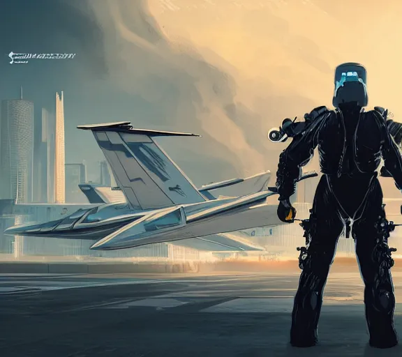 Image similar to fighter pilot stands beside futuristic sci fi fighter jet landed at runway of cyberpunk city ,dark cinematic lighting , digital concept art