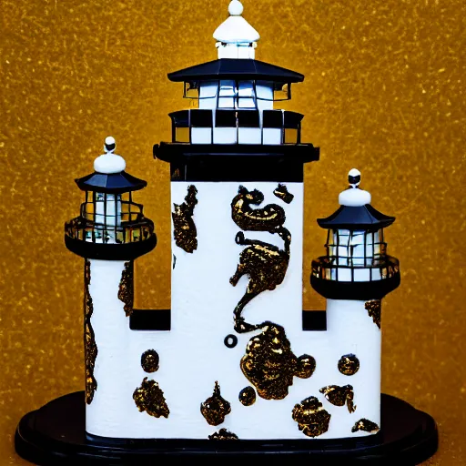 Image similar to an ornate lighthouse 28mm miniature, detailed with white and gold filagree and goldleaf decorative elements, sitting on a desk, painstaking detail, black lacquer, glossy shiny reflective, splashed with graffiti art