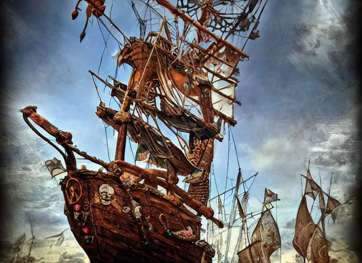 Prompt: pirate ship, amazing background, 3 - d, highly details, lowbrow, in the style of alexander jansson,