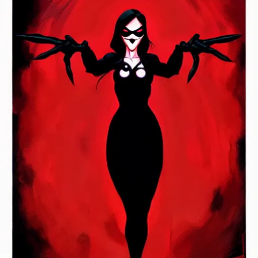 Image similar to rafael albuquerque comic art, peter mohrbacher, phil noto, artgerm, pretty evil elizabeth olson demon, black and red dress, symmetrical eyes