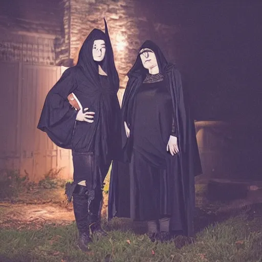 Prompt: a goth brunette woman in a black hooded cloak, standing beside a butch blonde tomboy woman engineer, in a garden at night, soft and romantic