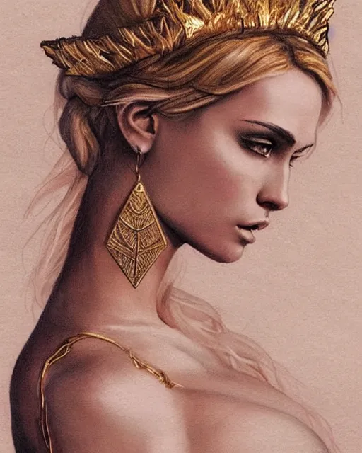 Image similar to tattoo sketch of hot blonde super model as aphrodite greek goddess wearing a gold laurel wreath and triangle earrings, beautiful piercing gaze with sharp pupils, in the style of greg rutkowski, fantasy, amazing detail, epic, elegant, smooth, sharp focus, front view