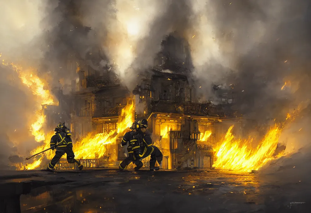 Image similar to an heroic firefighter in action in black and yellow uniform, inside the white house, fire flames, sharp details, sharp focus, photorealistic, octane, hyper detailed, trending on deviantart, illustration, by jordan grimmer and greg rutkowski and pine ( ハイネ ), intricate