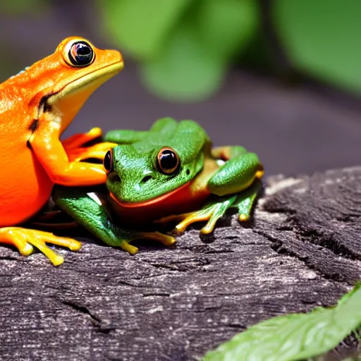 Prompt: photo [ orange ] and < teal > frog