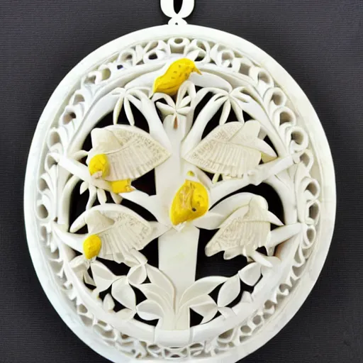 Prompt: ivory carving with birds lemons and jungle leafs