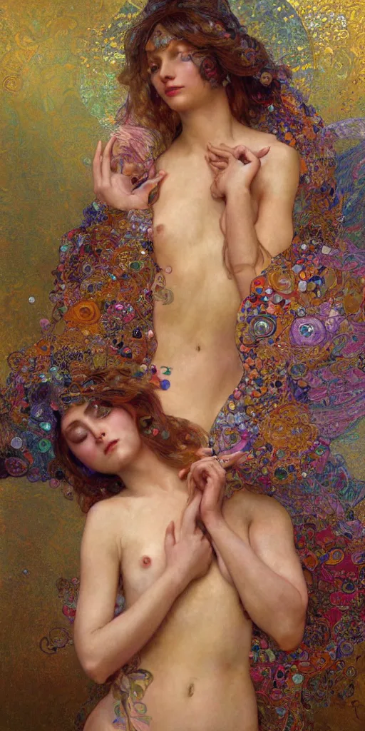 Prompt: an intricate painting of an artistic pose beautiful nymph with an artistic pose, hyper - detailed, covered in fancy silk cloth with klimt motives, octane render, vivid colors, artstation, by jeremy mann, by alphonse mucha, by boris vallejo, by gustav klimt