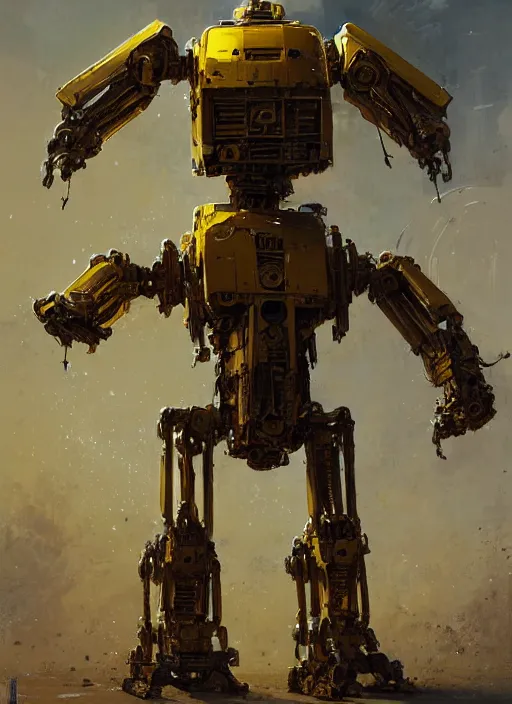 Prompt: human-sized strong intricate yellow pit droid, pancake flattened head, exposed metal bones, painterly humanoid mecha, full body, by Greg Rutkowski