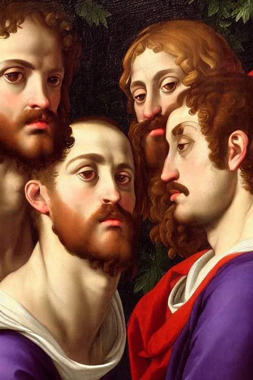 Image similar to renaissance painting of men, portrait, gossip face closeup, emotions closeup, dressed in roman clothes, the beautiful garden with lavender bush everywhere, ultra detailed, art by guido reni style, vincenzo catena style