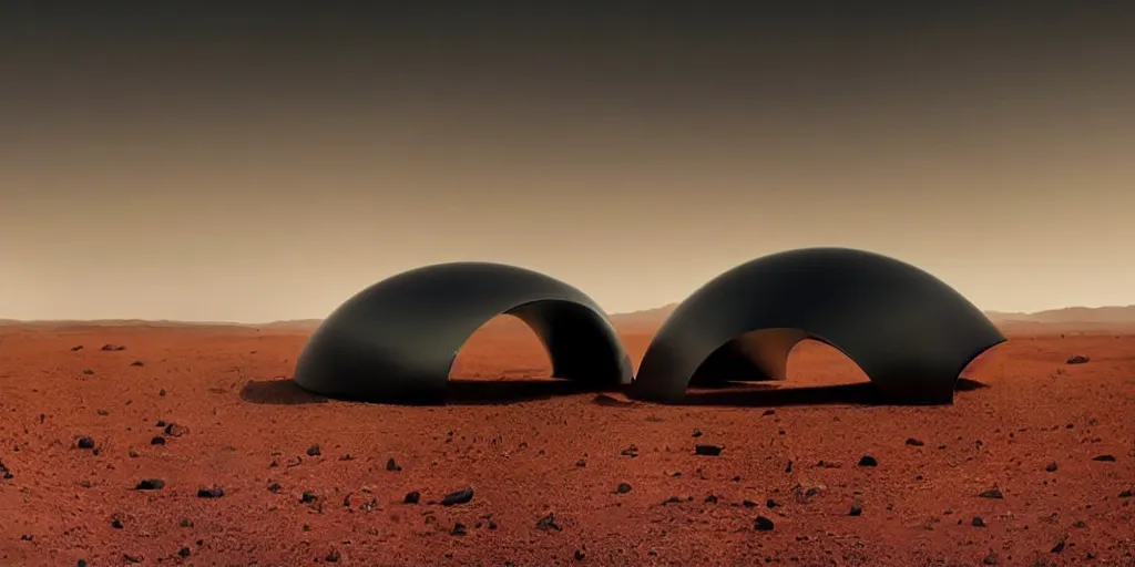 Image similar to a strange huge transparent pvc inflated organic architecture building black matte by jonathan de pas sits in the planet mars landscape, golden hour, film still from the movie directed by denis villeneuve with art direction by zdzisław beksinski, close up, telephoto lens, shallow depth of field