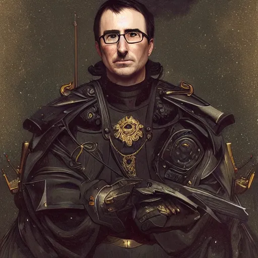 Image similar to portrait of stoic looking john oliver as the vigo carpathian painting, military uniform, fantasy, intricate, elegant, highly detailed, centered, dark, smokey, digital painting, artstation, concept art, smooth, sharp focus, illustration, art by artgerm and greg rutkowski and alphonse mucha