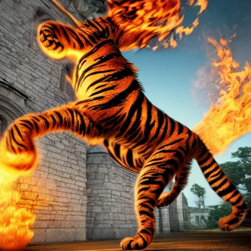 Prompt: tiger of fire with many legs flying in a medieval manuscript, medieval manuscript, golden miniatures, postapocaliptic scenery, massive architecture, ultrarrealistic, octane render, unreal engine, povray, raytracing, volumetric light, hdr