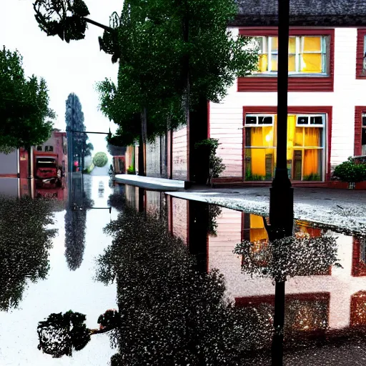 Prompt: still photo of rain puddles and reflections in an american village street, cloudy weather, highly detailed, photorealistic shot, bright studio setting, studio lighting, crisp quality and light reflections, unreal engine 5 quality render